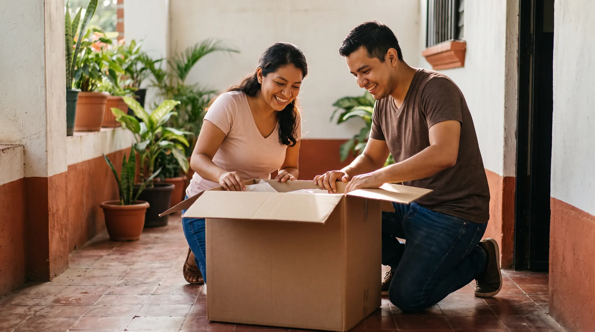 Pareja abriendo juntos una caja de cartón en la entrada de su casa